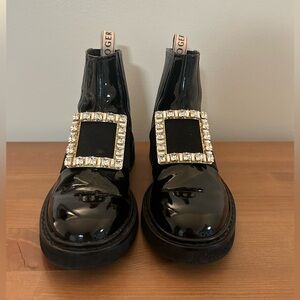 Roger Vivier black patent leather chelsea boots with crystal embellishment